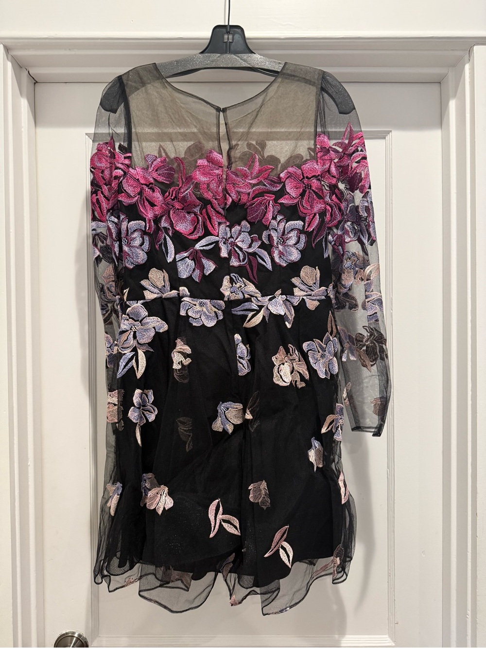 Embroidered Black Mini Dress with Pink and Lavender Floral Appliqué